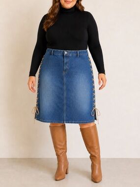 Vintage Y2K Lazer Jeans Size 18 Lace-Up Side Denim Skirt Stretch